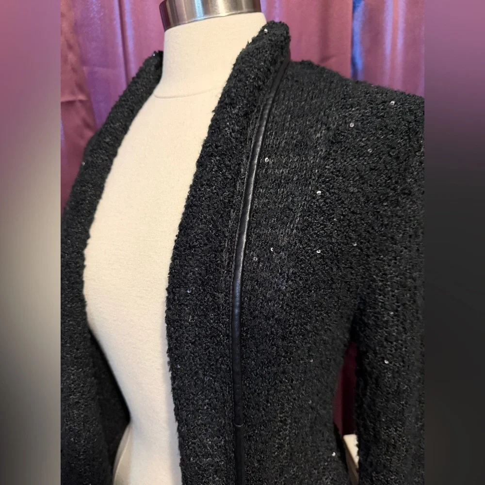 John Fashion Open Cardigan Sweater Sequin Faux Trim Black Sparkle